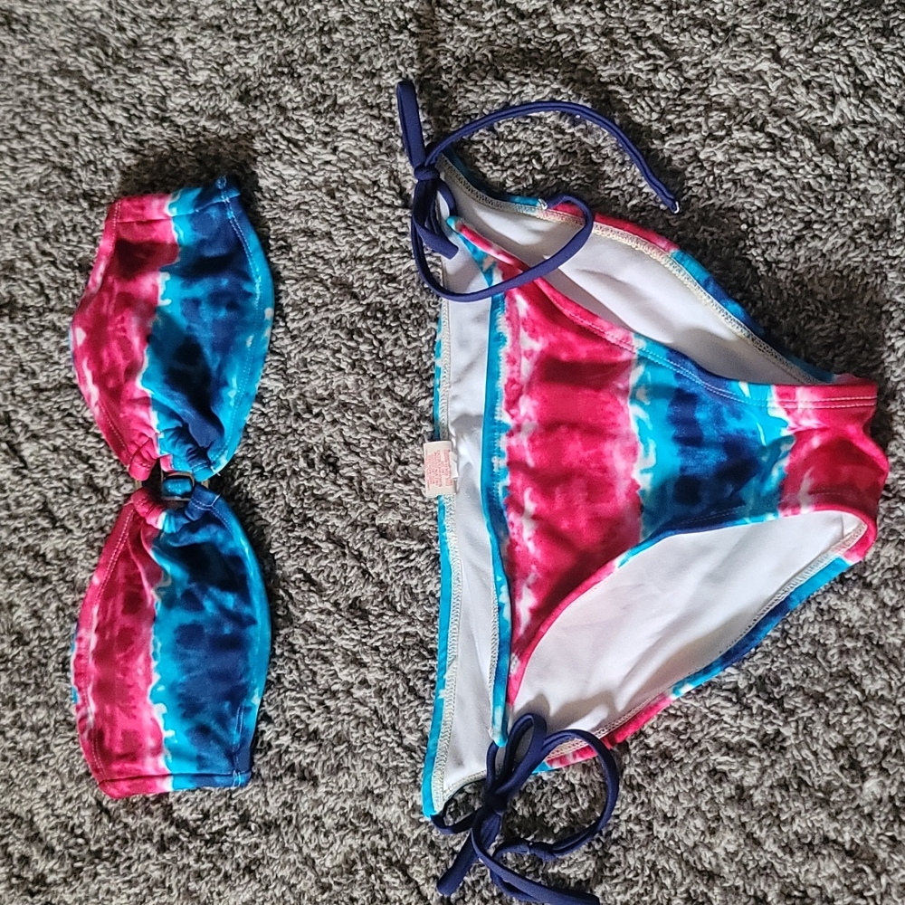 STUNNING vintage tied dyed USA RED WHITE BLUE STRAPLESS bikini